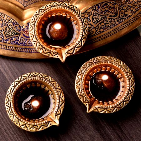 Tribal Design Round Brass Diwali Diya Pack of 3